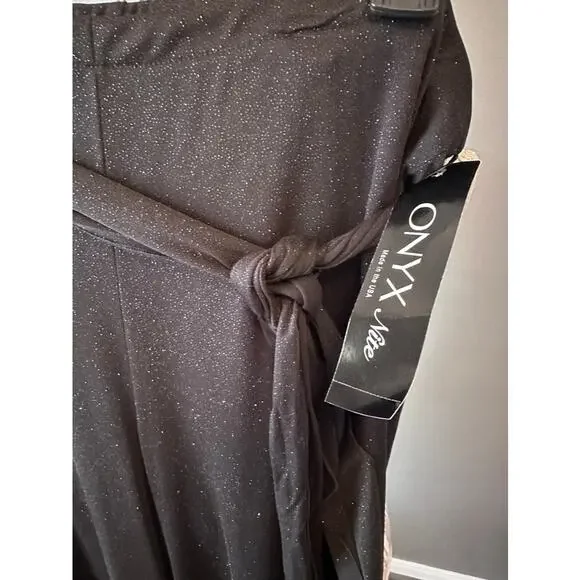 Onyx Nite Black Glitter Wide Leg Pants XL Wrap Tie Overlay Sheer Layer NWT - Picture 5 of 9